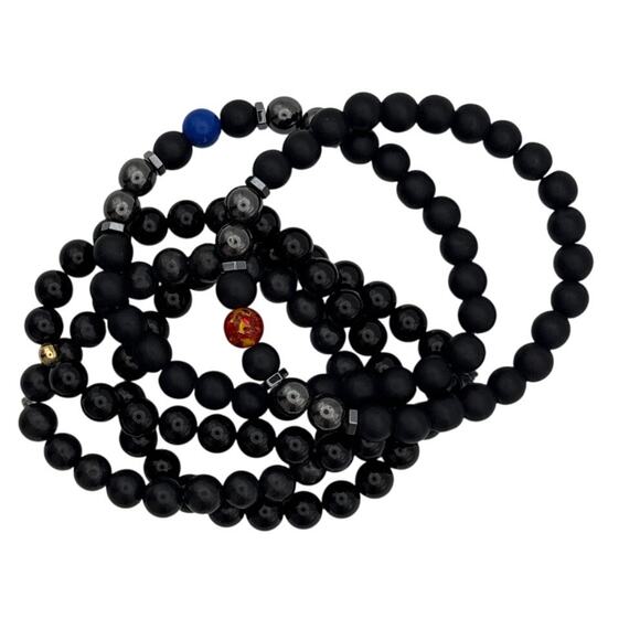 Glass, Shungite, Hematite Five Bracelet Set black, Orange, Blue Stacking Stretch - Picture 7 of 8